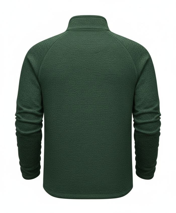 Back view of a dark green, textured fleece jacket with a stand-up collar.