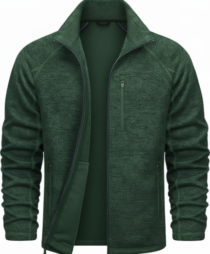 A green men’s golf long-sleeve fleece jacket shown from the front, fully zipped, with a vertical chest pocket on the left side and dark green interior lining.