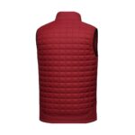 Back view of a dark red quilted puffer vest with a square quilt pattern and dark trim along the armholes and hem on a white background.