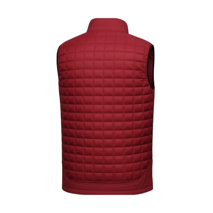 Back view of a dark red quilted puffer vest with a square quilt pattern and dark trim along the armholes and hem on a white background.