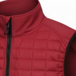 Close-up of a red quilted puffer vest with a black central zipper, showing a matching red collar and inner lining.