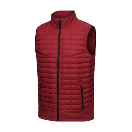 Red quilted golf puffer vest with a black front zipper, high collar, black trim at the armholes, and two zippered pockets.