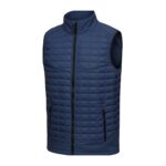 Front view of a navy blue quilted sleeveless puffer vest with a black center zipper, high collar, and a zippered pocket on the lower left.