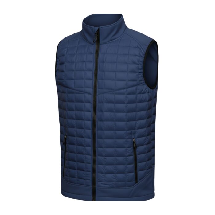 Front view of a navy blue quilted sleeveless puffer vest with a black center zipper, high collar, and a zippered pocket on the lower left.