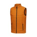 Front view of an orange quilted puffer vest with a black center zipper, high collar, black-trimmed armholes, and two zippered pockets.
