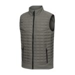 Front view of a gray quilted puffer vest with a black center zipper, high collar, and zippered pockets on both sides.