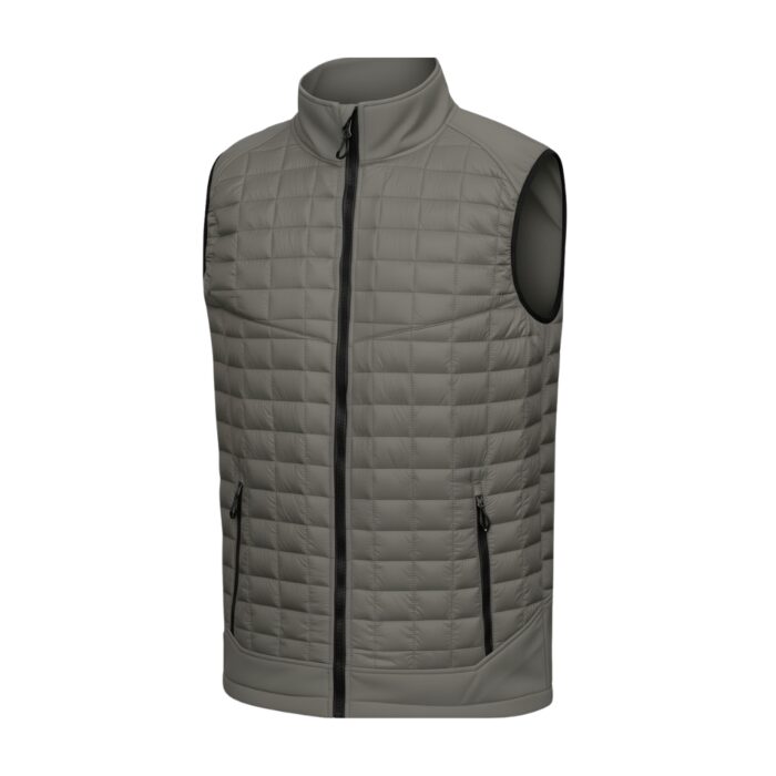 Front view of a gray quilted puffer vest with a black center zipper, high collar, and zippered pockets on both sides.