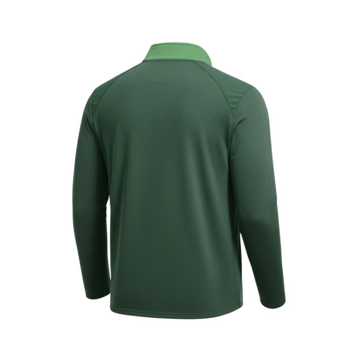 Back view of a dark green textured long-sleeve golf pullover with a lighter green collar, raglan shoulder panels, and a quarter-zip, displayed on a white background.