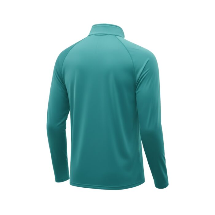 Back view of a teal long-sleeve golf quarter-zip shirt with a mock neck.