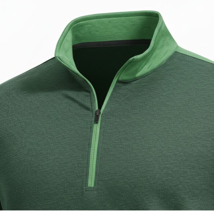 Close-up of a green heathered golf quarter-zip pullover showing the light-green collar and partially open zipper, against a white background.