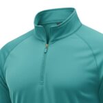 Close-up of teal men's long-sleeve golf quarter-zip pullover showing stand-up collar and front zipper.