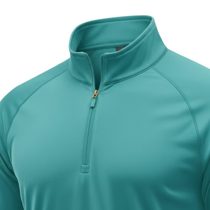 Close-up of teal men's long-sleeve golf quarter-zip pullover showing stand-up collar and front zipper.