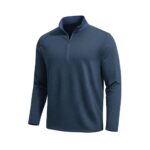 Blue long-sleeve golf pullover with a standing collar and a quarter-zip, textured heathered fabric, displayed on a white background.