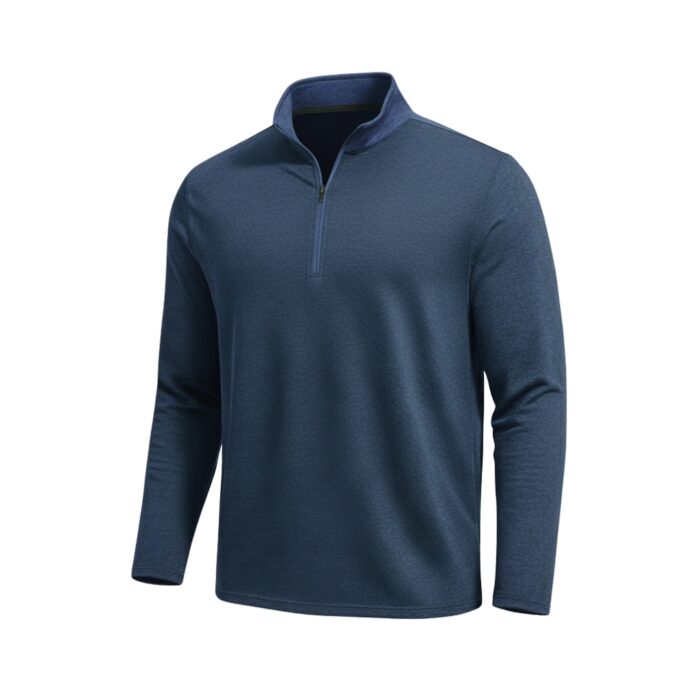 Blue long-sleeve golf pullover with a standing collar and a quarter-zip, textured heathered fabric, displayed on a white background.