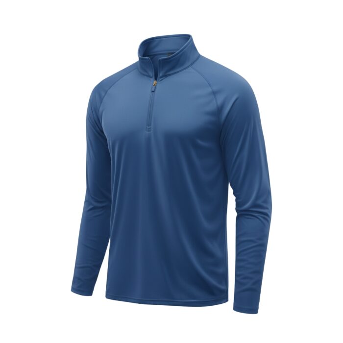 Front view of a blue men's long-sleeve golf quarter-zip pullover with a short zipper at the neck.