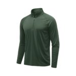 Front view of a solid green men's long-sleeve golf quarter-zip pullover with a short zipper at the neck.