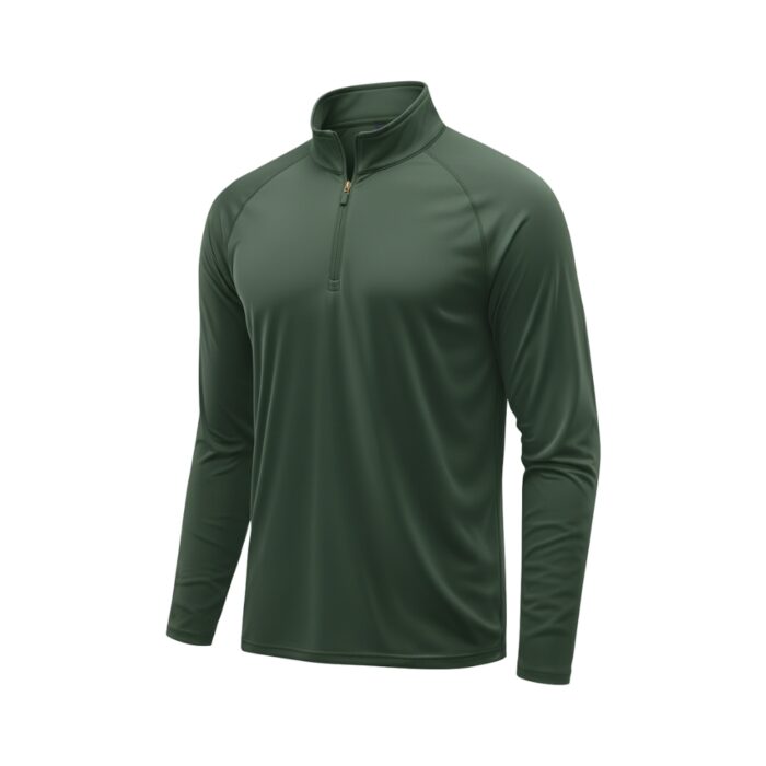 Front view of a solid green men's long-sleeve golf quarter-zip pullover with a short zipper at the neck.