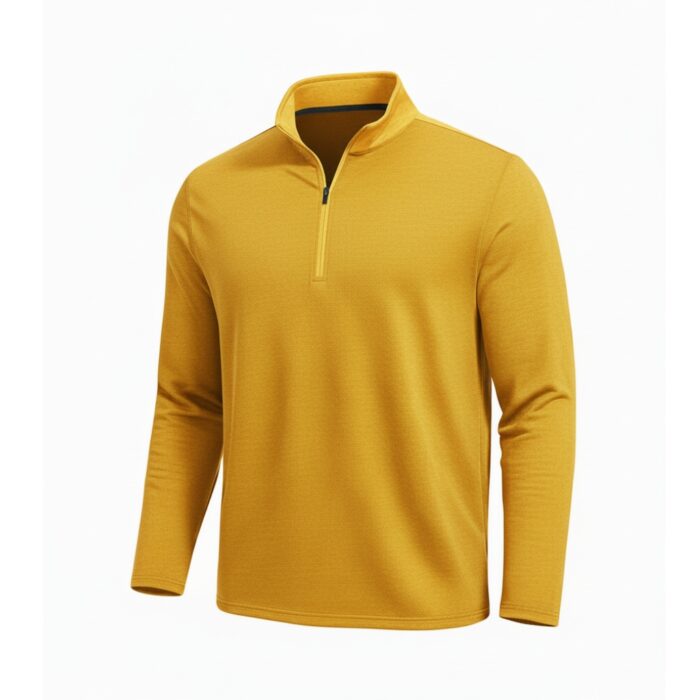 Golden yellow long-sleeve golf pullover with a quarter-zip, high collar, and subtle textured fabric, displayed on a white background.