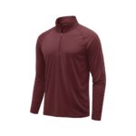 Front view of a maroon men's long-sleeve golf quarter-zip pullover with a stand-up collar.