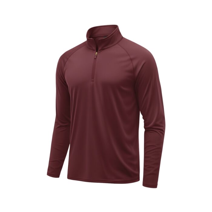 Front view of a maroon men's long-sleeve golf quarter-zip pullover with a stand-up collar.
