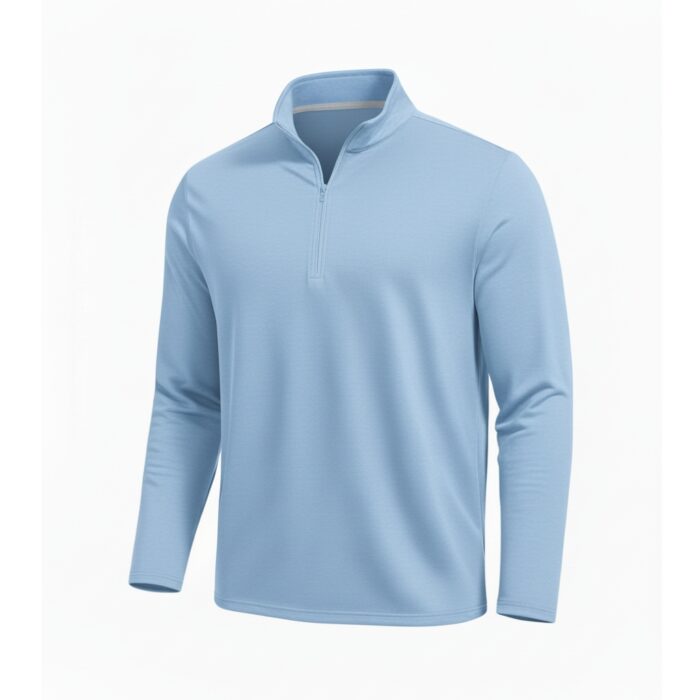 Light blue long-sleeve golf pullover with a zip-front collar, smooth fabric texture, displayed on a white background.