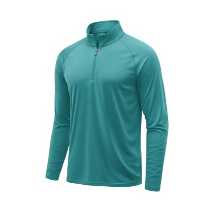 Teal men's long-sleeve golf pullover with a short zipper on the front, shown on a mannequin.