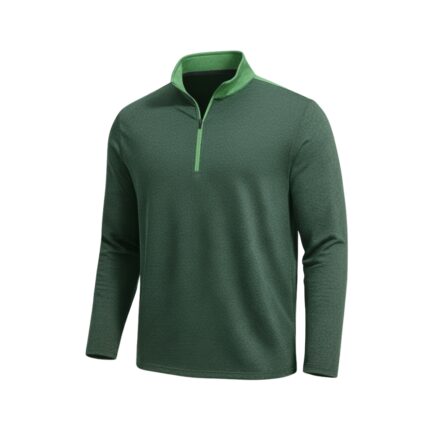 Dark green men's golf quarter-zip shirt, long sleeves, textured fabric with a lighter green collar and zipper, displayed on a white background.