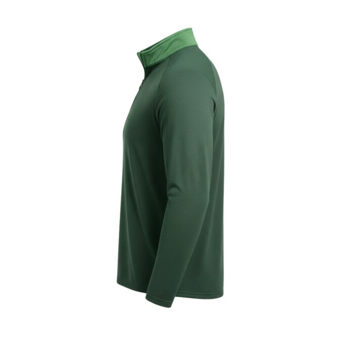 Side view of a forest green textured long-sleeve golf pullover with a lighter green collar and quarter-zip, displayed on a white background with a subtle shadow.