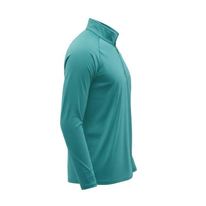 Side view of teal men's long-sleeve golf shirt with a partial neck zipper.