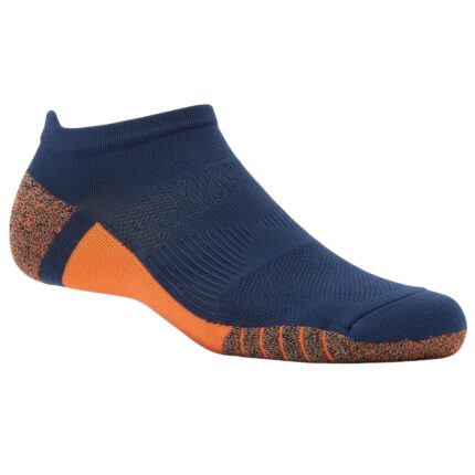 Close-up of a blue and orange low-cut athletic sock with orange speckled heel and sole.