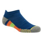 Close-up of a blue athletic sock with gray toe and heel, featuring yellow stripes at the toe and orange, green, and additional orange accents along the side.