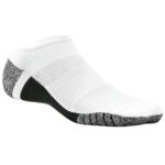 Close-up of a white low-cut athletic sock with gray toe/heel reinforcement and a black ankle band.
