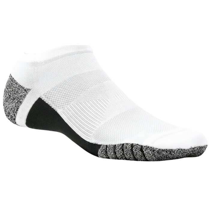 Close-up of a white low-cut athletic sock with gray toe/heel reinforcement and a black ankle band.