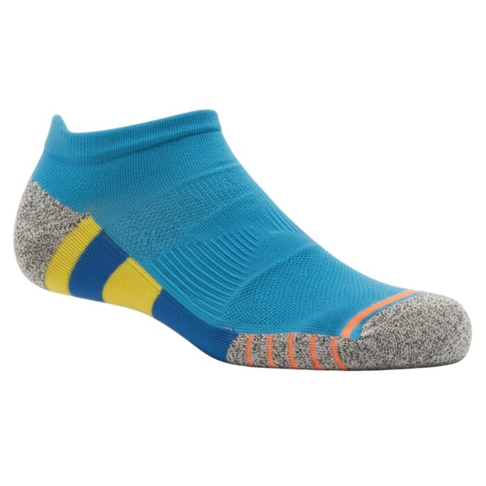 Close-up of a blue athletic sock with orange and yellow stripes, gray speckled heel and toe on a white background.