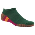 Close-up of a dark green low-cut sock with speckled reddish-brown toe/heel, orange stripes at the toe, magenta and orange bands near the midfoot.