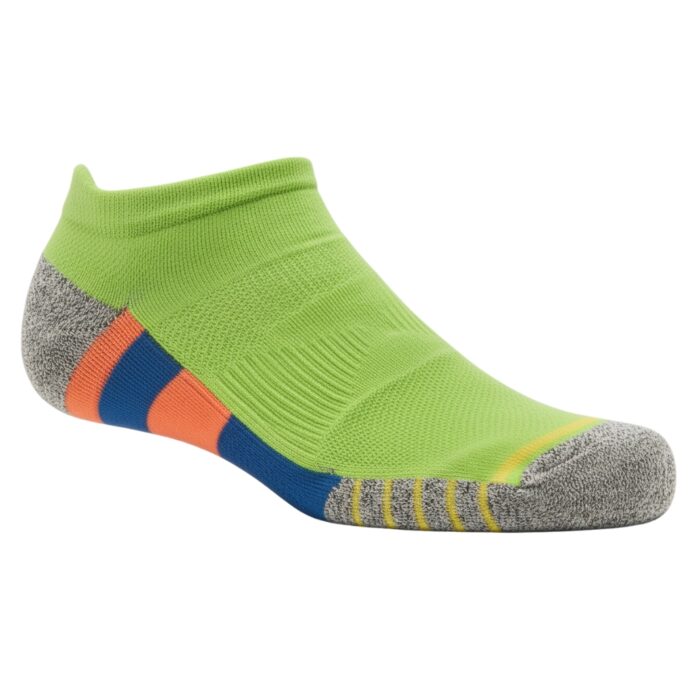 Close-up of a bright green ankle-length sock with gray heel/toe, featuring orange, blue, and yellow stripes around the ankle and toe.