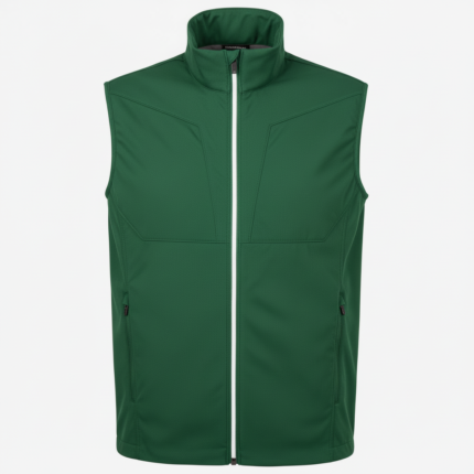 Dark green sleeveless softshell vest with a white zipper, high collar, and zip pockets on both sides set against a white background.