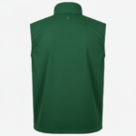 Back view of a dark green, sleeveless lightweight softshell vest with a high collar, laid against a white background.