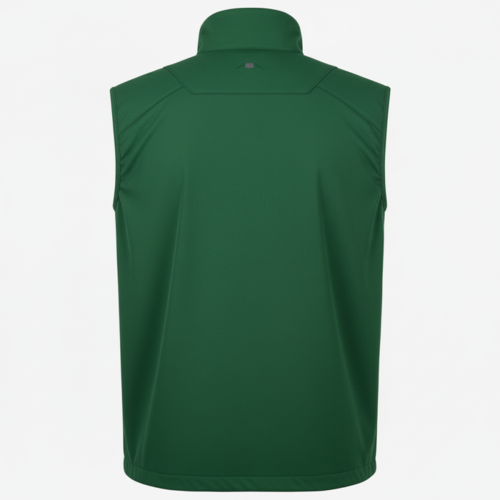 Back view of a dark green, sleeveless lightweight softshell vest with a high collar, laid against a white background.