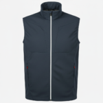 Dark slate blue sleeveless vest with a white center zipper, high collar, and red zipper pulls on side pockets, displayed against a white background.