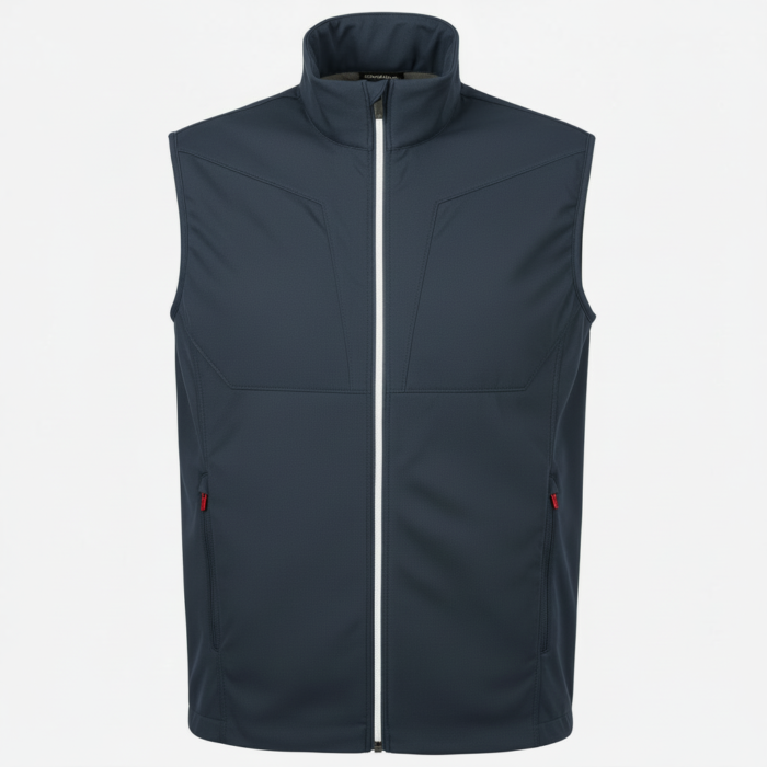 Dark slate blue sleeveless vest with a white center zipper, high collar, and red zipper pulls on side pockets, displayed against a white background.