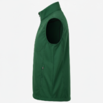 Side view of a dark green sleeveless lightweight softshell vest with a high collar and zipper, showing a small chest pocket and zippered side pocket.