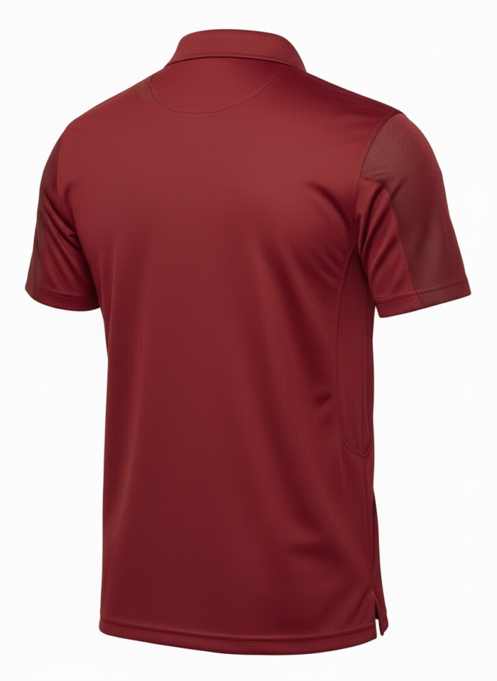 Back view of maroon short-sleeve polo shirt with textured upper arm panels, on a white background.