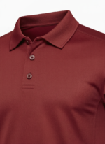 Close-up front view of maroon polo shirt showing collar and two brown buttons.