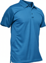 Blue short-sleeve polo shirt front view with textured fabric and a two-button placket.
