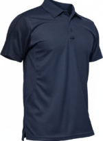 Navy blue short-sleeve polo shirt front view with a textured fabric and classic collar.