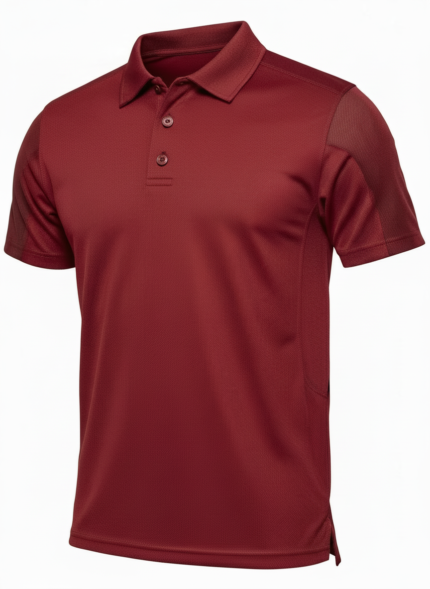 Maroon short-sleeve polo shirt with a traditional collar and three-button placket, displayed against a white background. The upper sleeves have a mesh-like texture, and the shirt features a straight hem with side slits.