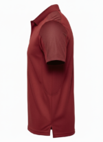 Side view of maroon short-sleeve polo shirt with textured shoulder panels and a small side slit at the hem, on a white background.