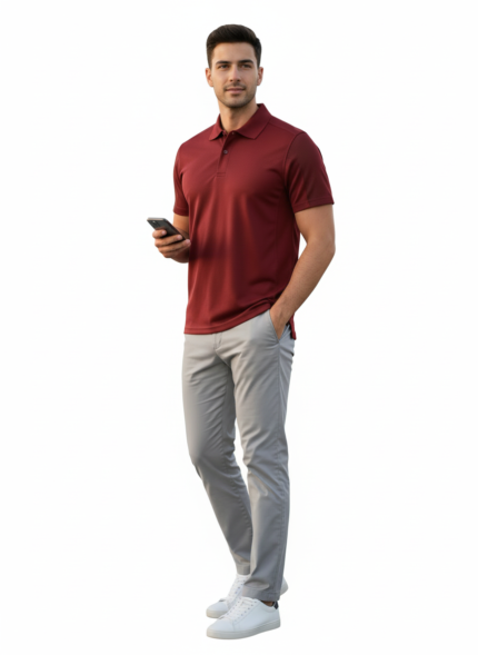 Full-body shot of a man wearing a red short-sleeve polo shirt, light gray pants, and white sneakers, standing on a white background and looking at his phone.