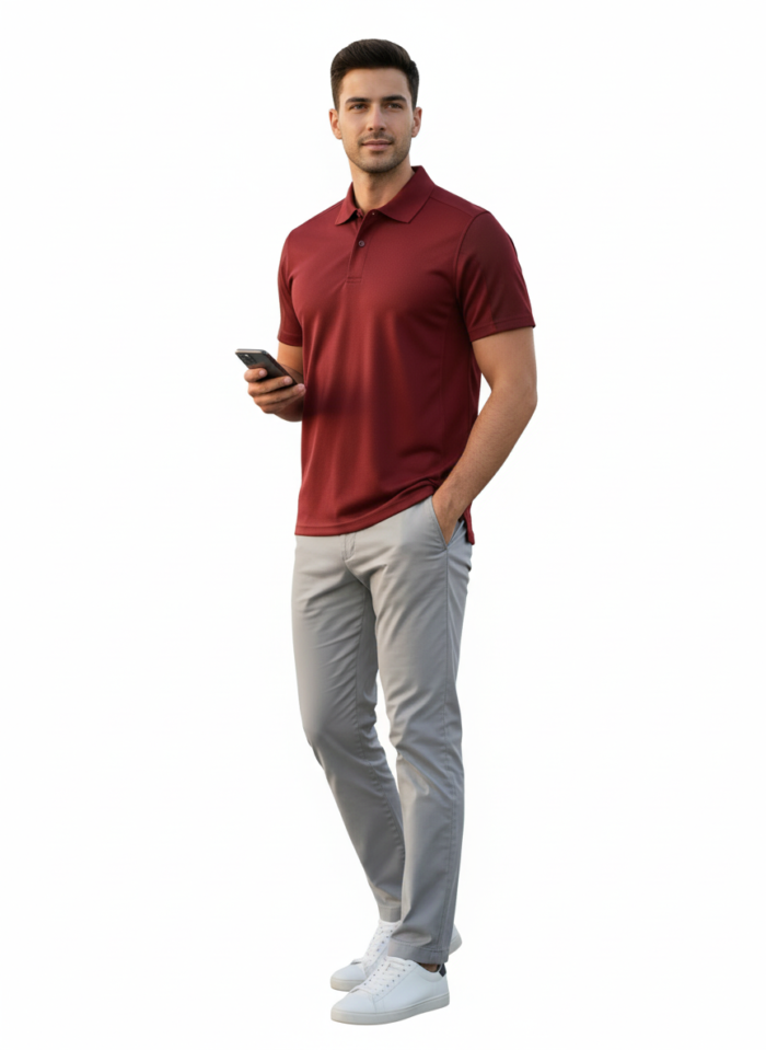 Full-body shot of a man wearing a red short-sleeve polo shirt, light gray pants, and white sneakers, standing on a white background and looking at his phone.